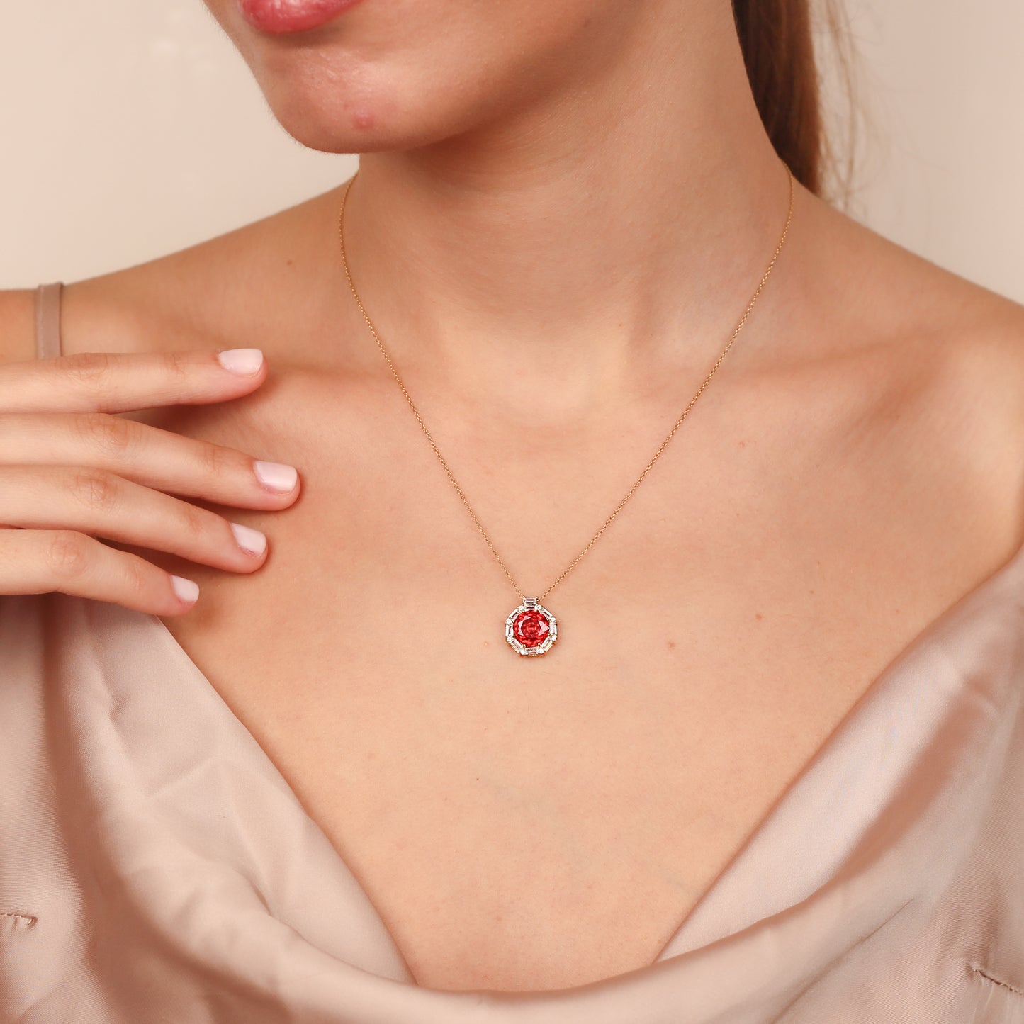 DARIA Natural Ruby Necklace in 14K & 8K Gold | Romantic Gemstone Pendant with Zircon Halo