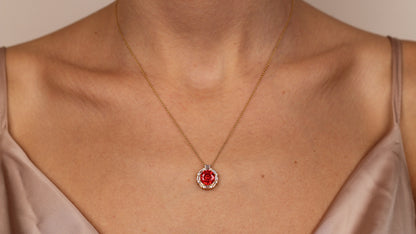 DARIA Natural Ruby Necklace in 14K & 8K Gold | Romantic Gemstone Pendant with Zircon Halo