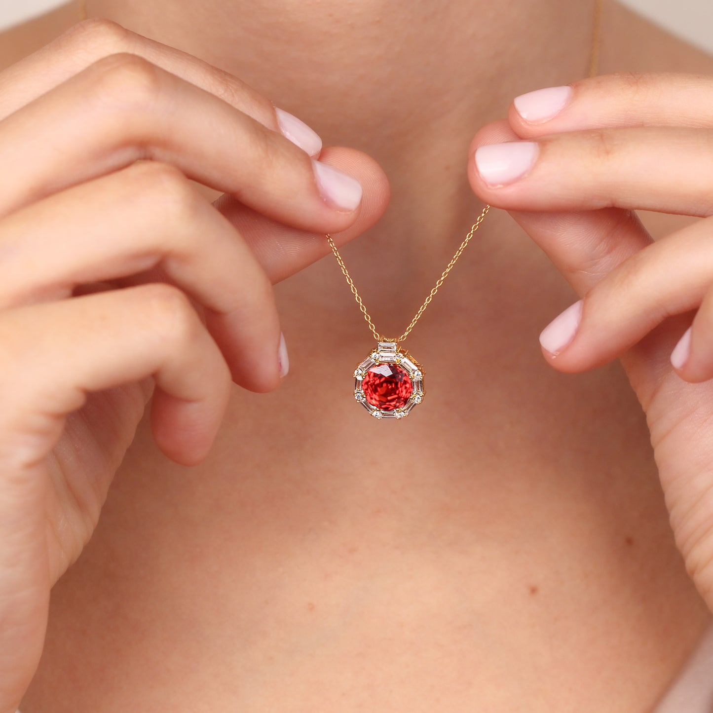 DARIA Natural Ruby Necklace in 14K & 8K Gold | Romantic Gemstone Pendant with Zircon Halo