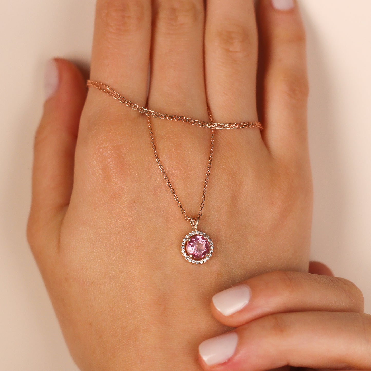 DILAN Pink Topaz Necklace | Sterling Silver & Gold Gemstone Pendant with CZ Halo