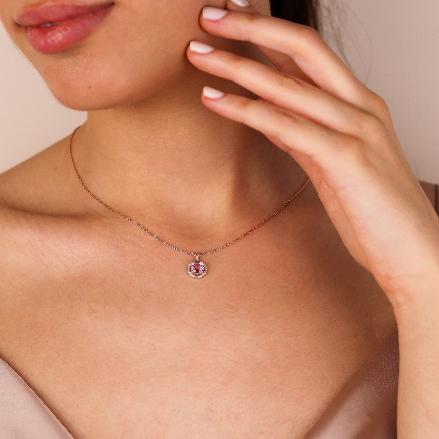 DILAN Pink Topaz Necklace | Sterling Silver & Gold Gemstone Pendant with CZ Halo