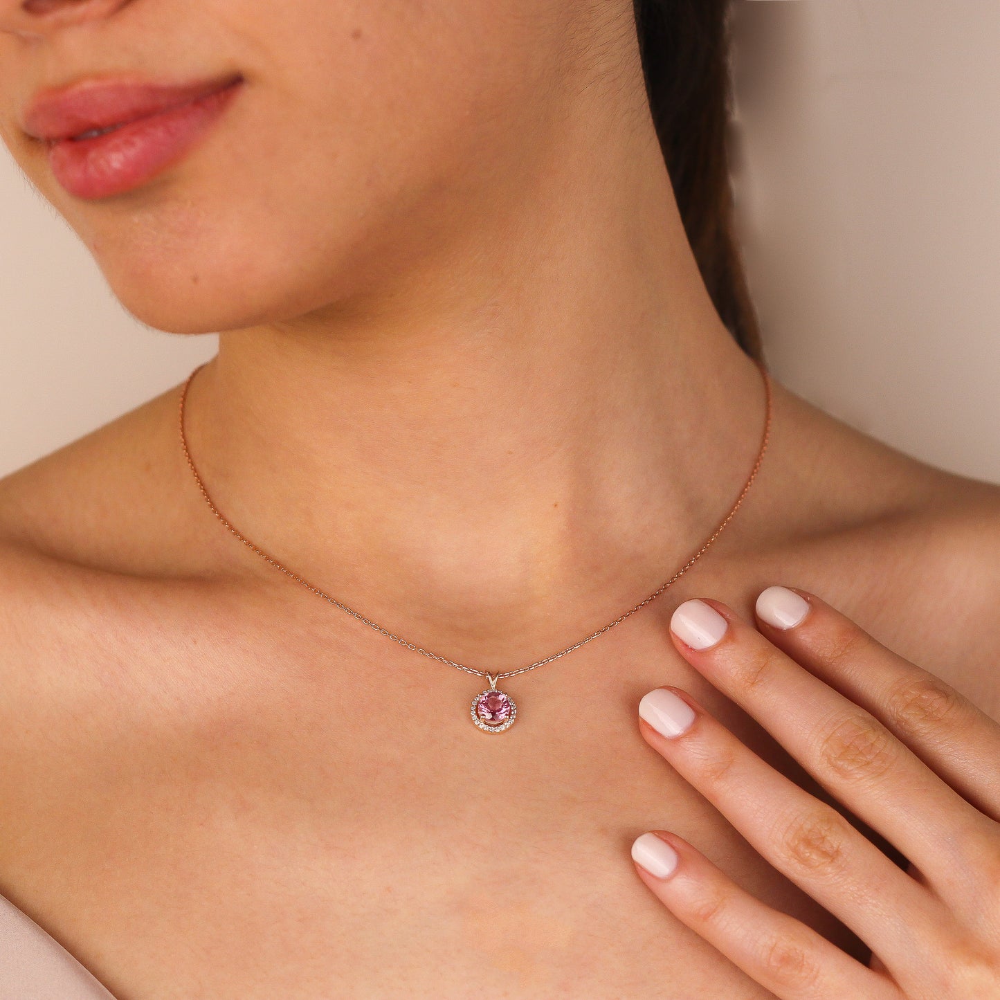 DILAN Pink Topaz Necklace | Sterling Silver & Gold Gemstone Pendant with CZ Halo