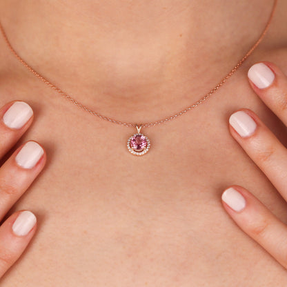 DILAN Pink Topaz Necklace | Sterling Silver & Gold Gemstone Pendant with CZ Halo