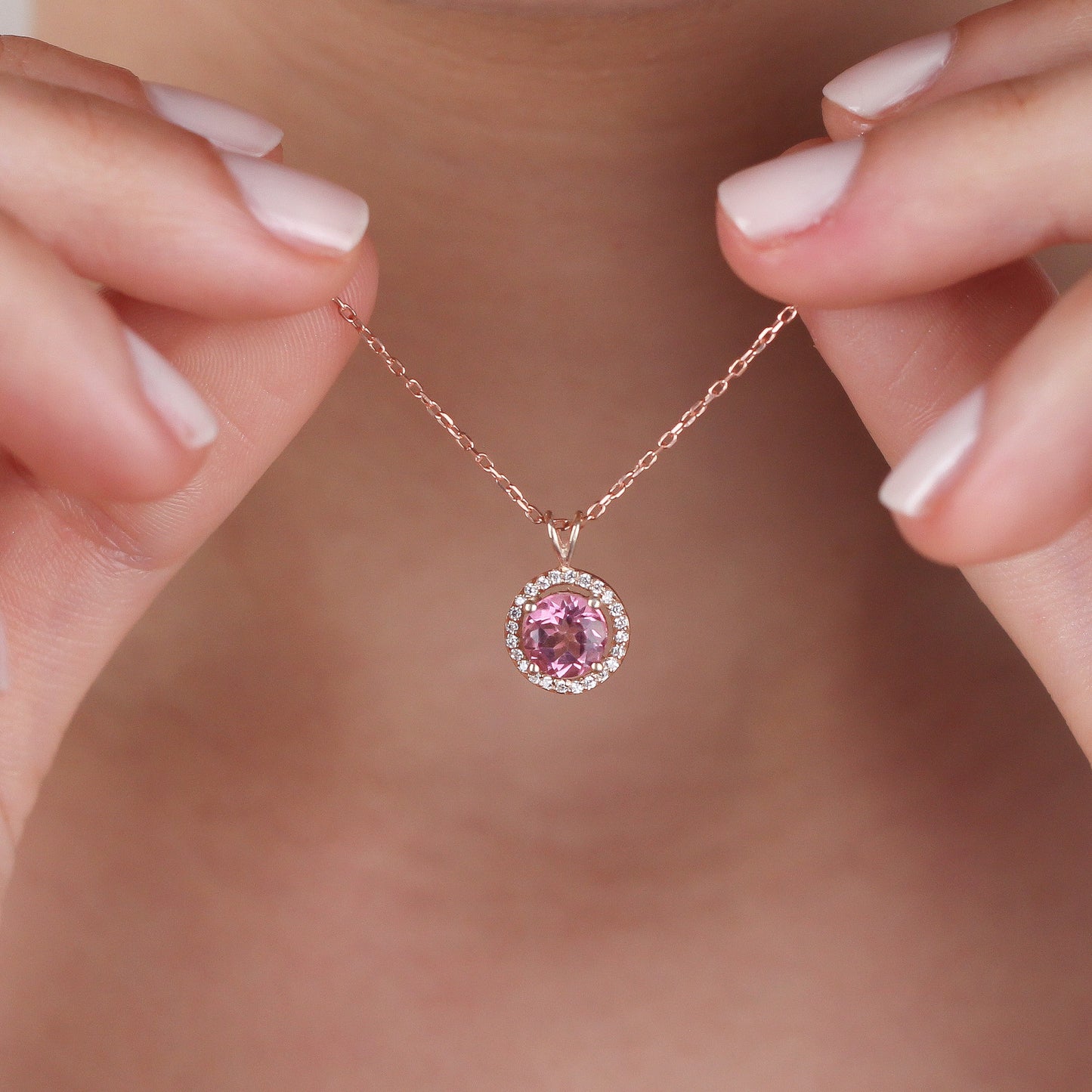 DILAN Pink Topaz Necklace | Sterling Silver & Gold Gemstone Pendant with CZ Halo