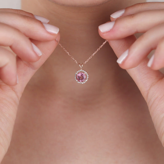 DILAN Pink Topaz Necklace | Sterling Silver & Gold Gemstone Pendant with CZ Halo