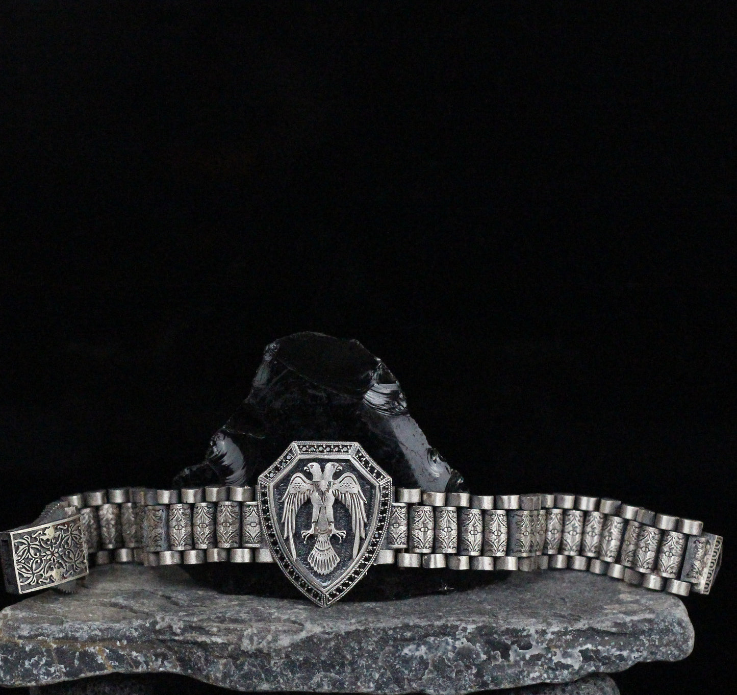 Double-Headed Eagle Shield Bracelet in 925K Sterling Silver | Emblem of Power Jewelry for Men