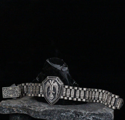 Double-Headed Eagle Shield Bracelet in 925K Sterling Silver | Emblem of Power Jewelry for Men