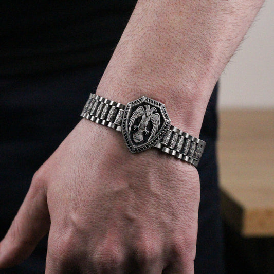 Double-Headed Eagle Shield Bracelet in 925K Sterling Silver | Emblem of Power Jewelry for Men