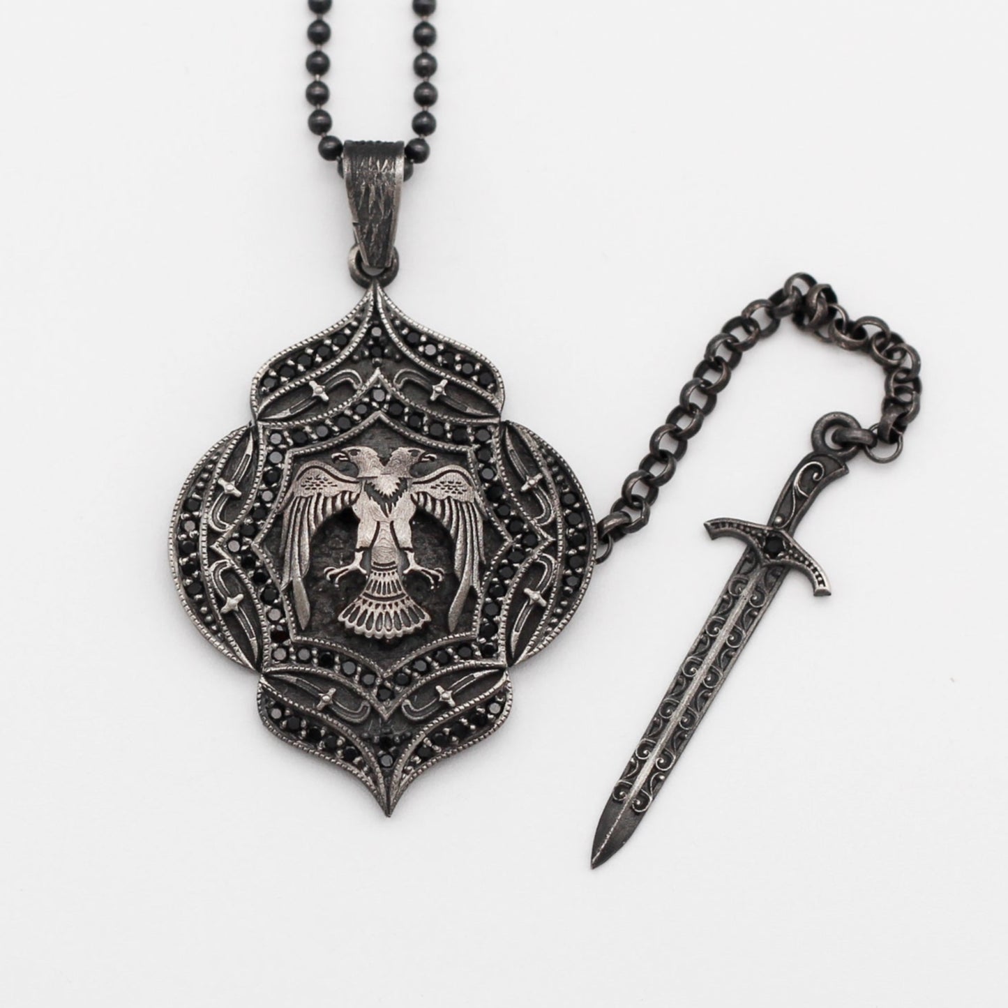 Double-Headed Eagle Shield with Sword Necklace | Intricate Silver Design Necklace for Men