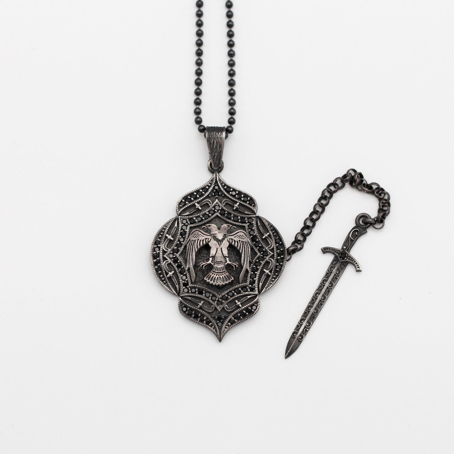 Double-Headed Eagle Shield with Sword Necklace | Intricate Silver Design Necklace for Men