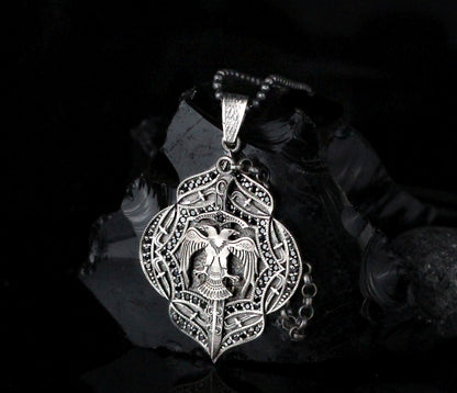 Double-Headed Eagle Shield with Sword Necklace | Intricate Silver Design Necklace for Men