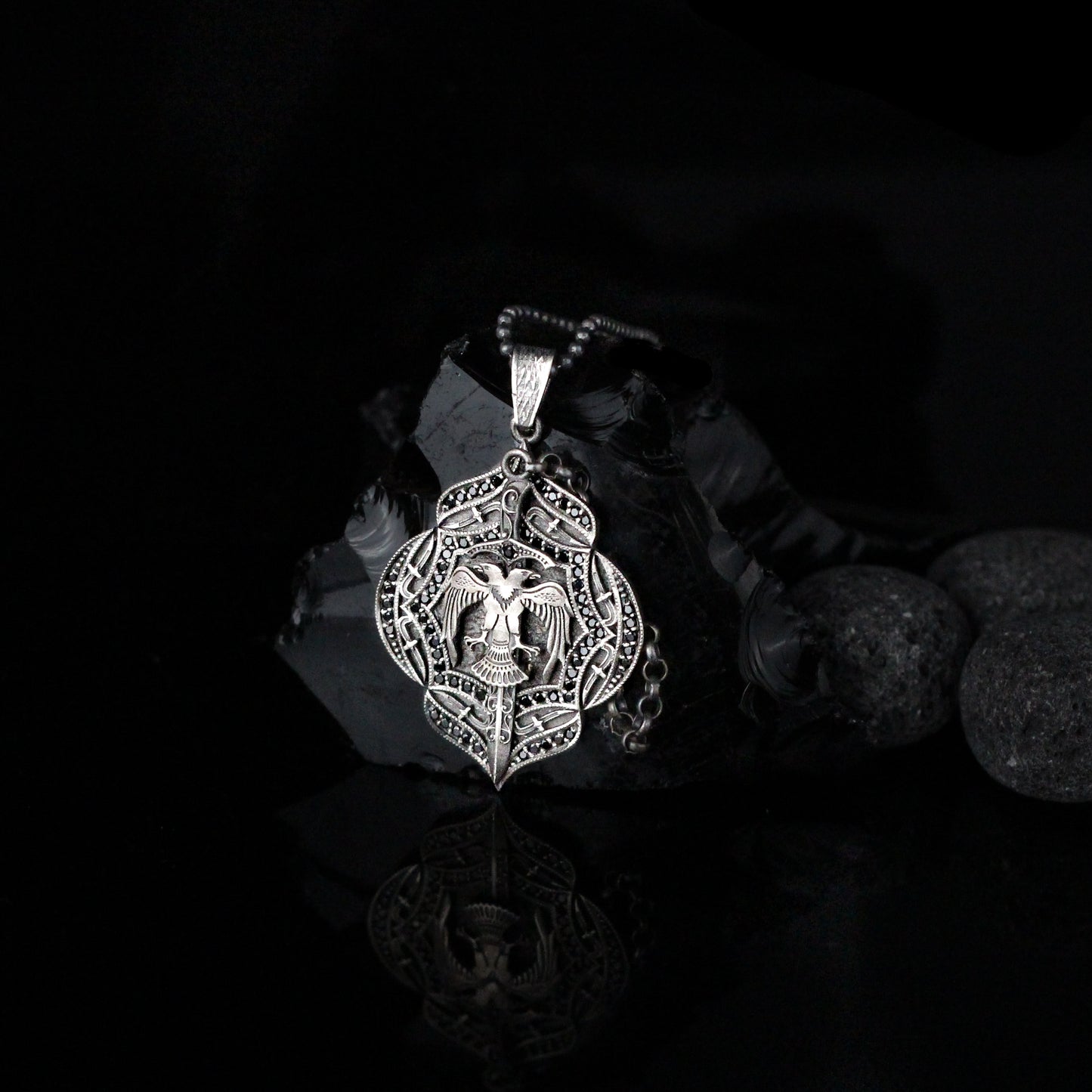 Double-Headed Eagle Shield with Sword Necklace | Intricate Silver Design Necklace for Men