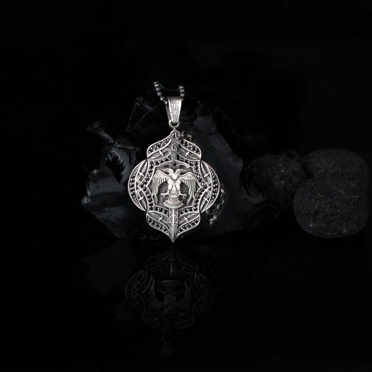 Double-Headed Eagle Shield with Sword Necklace | Intricate Silver Design Necklace for Men