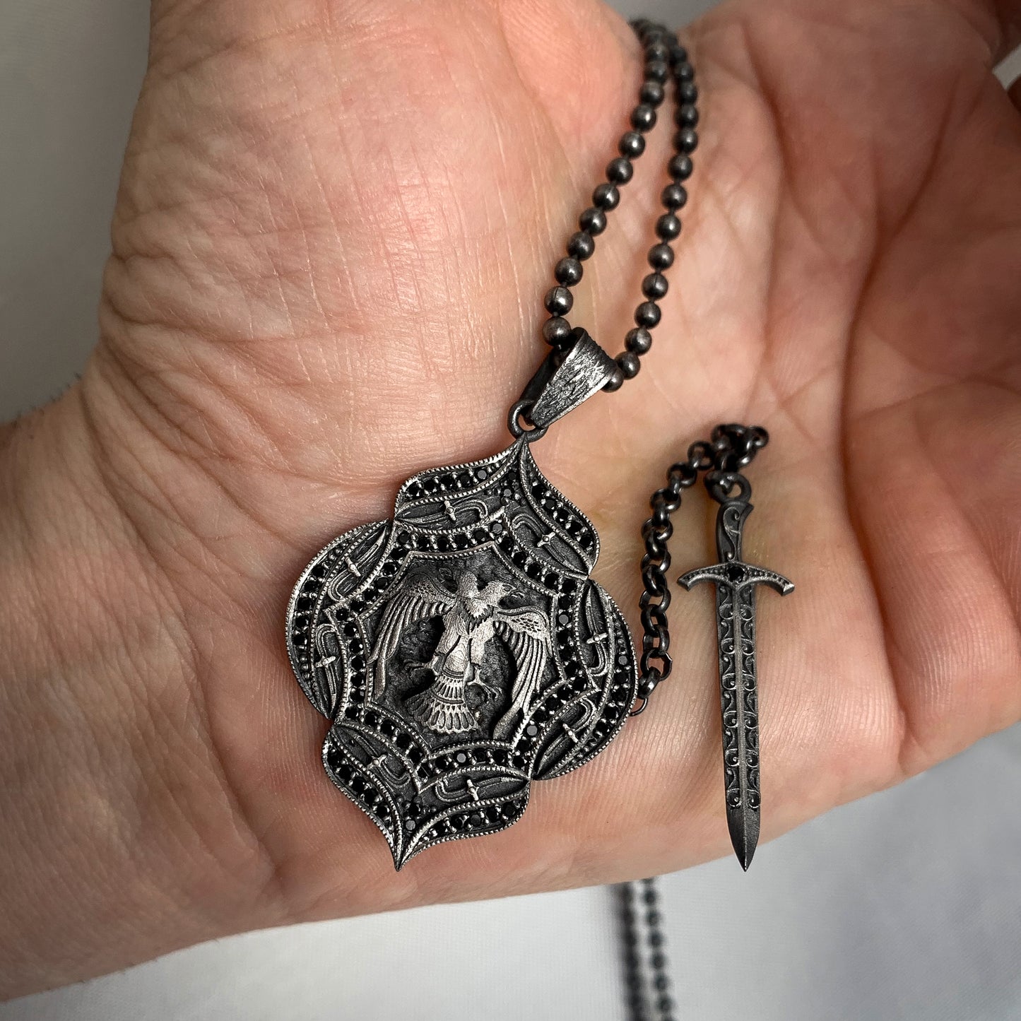 Double-Headed Eagle Shield with Sword Necklace | Intricate Silver Design Necklace for Men