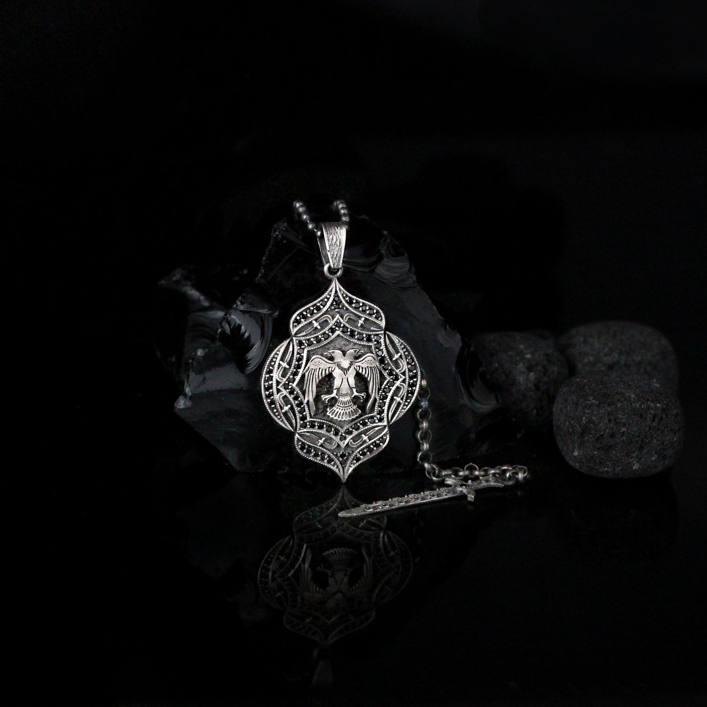 Double-Headed Eagle Shield with Sword Necklace | Intricate Silver Design Necklace for Men