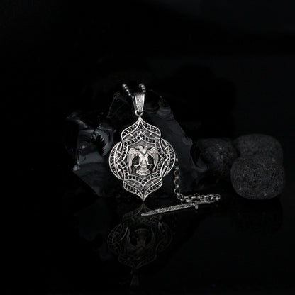 Double-Headed Eagle Shield with Sword Necklace | Intricate Silver Design Necklace for Men