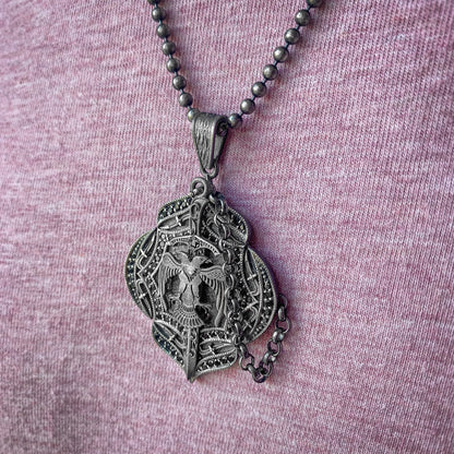 Double-Headed Eagle Shield with Sword Necklace | Intricate Silver Design Necklace for Men