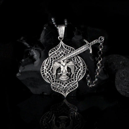 Double-Headed Eagle Shield with Sword Necklace | Intricate Silver Design Necklace for Men