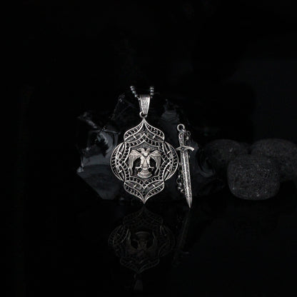 Double-Headed Eagle Shield with Sword Necklace | Intricate Silver Design Necklace for Men