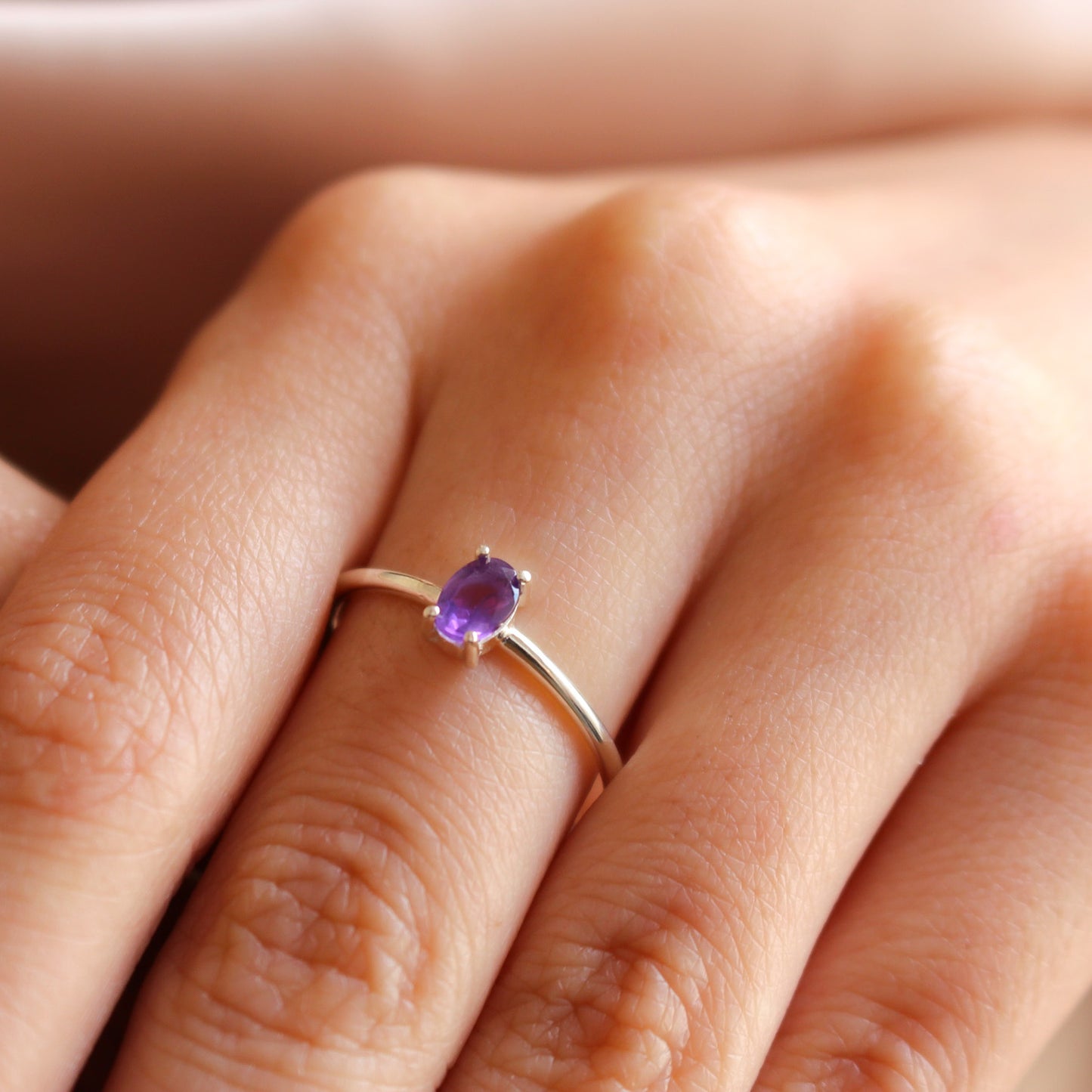 ELLA Art Deco Amethyst Promise Ring | 925K Silver - 8K&14K Gold Oval Amethyst Engagement Ring for Women