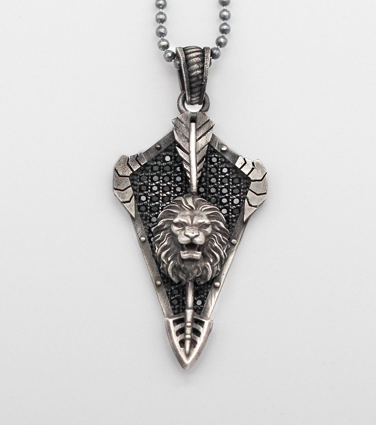 Fierce Lion Shield Necklace with Intricate Details | Majestic Lion Necklace with Black Stones