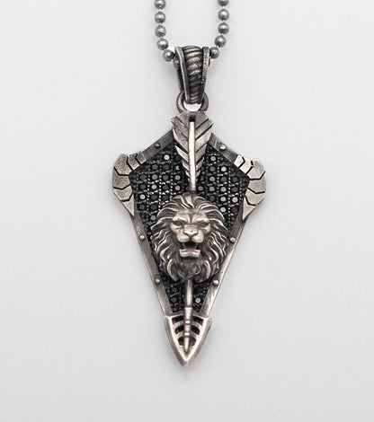 Fierce Lion Shield Necklace with Intricate Details | Majestic Lion Necklace with Black Stones