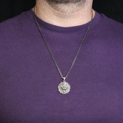 Large Roaring Lion Head Necklace for Men, Sterling Silver African Lion Necklace