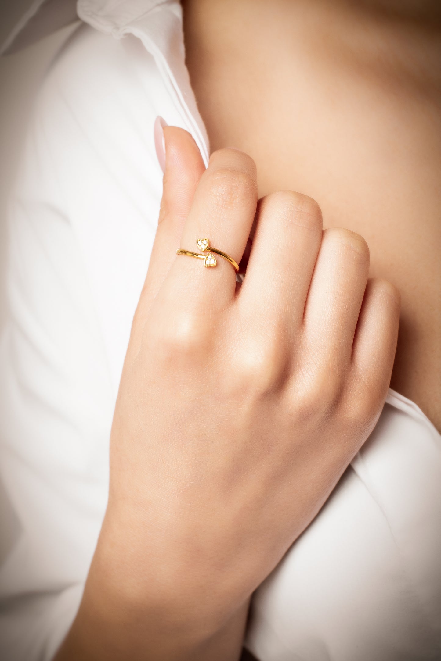 LENA Romantic Adjustable Double Heart Ring in Solid Gold | Knuckle Ring for Her