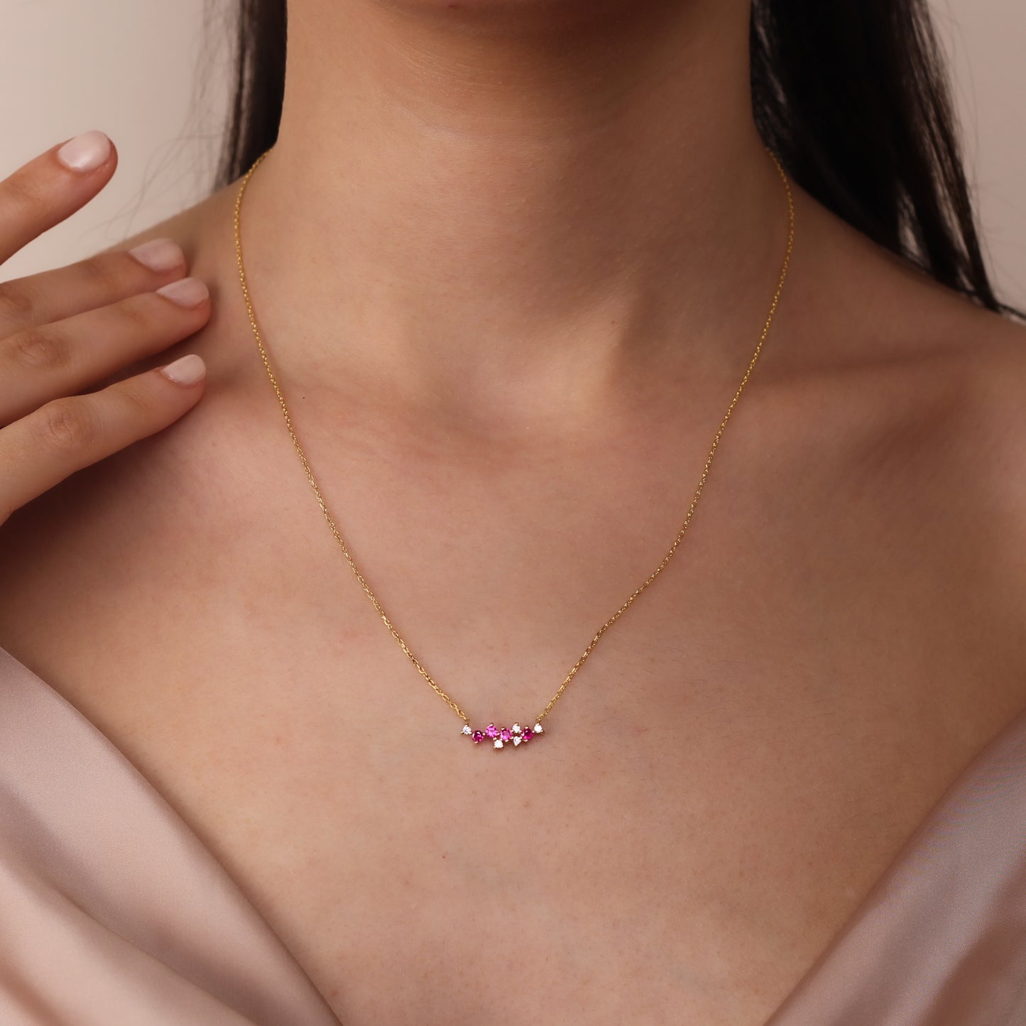 LIANA Elegant Ruby Cluster Necklace | 8K & 14K Gold Necklace with Zircon Details