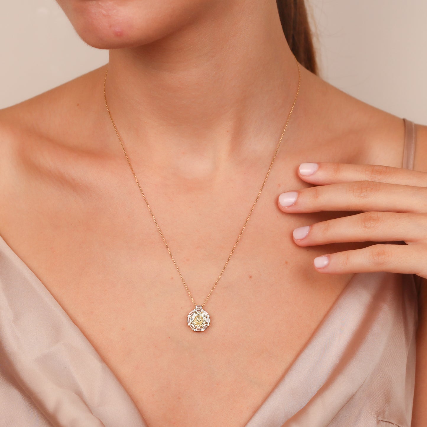 LILIYA Natural Citrine Necklace in 14K & 8K Gold | Radiant Gemstone Pendant with Zircon Halo