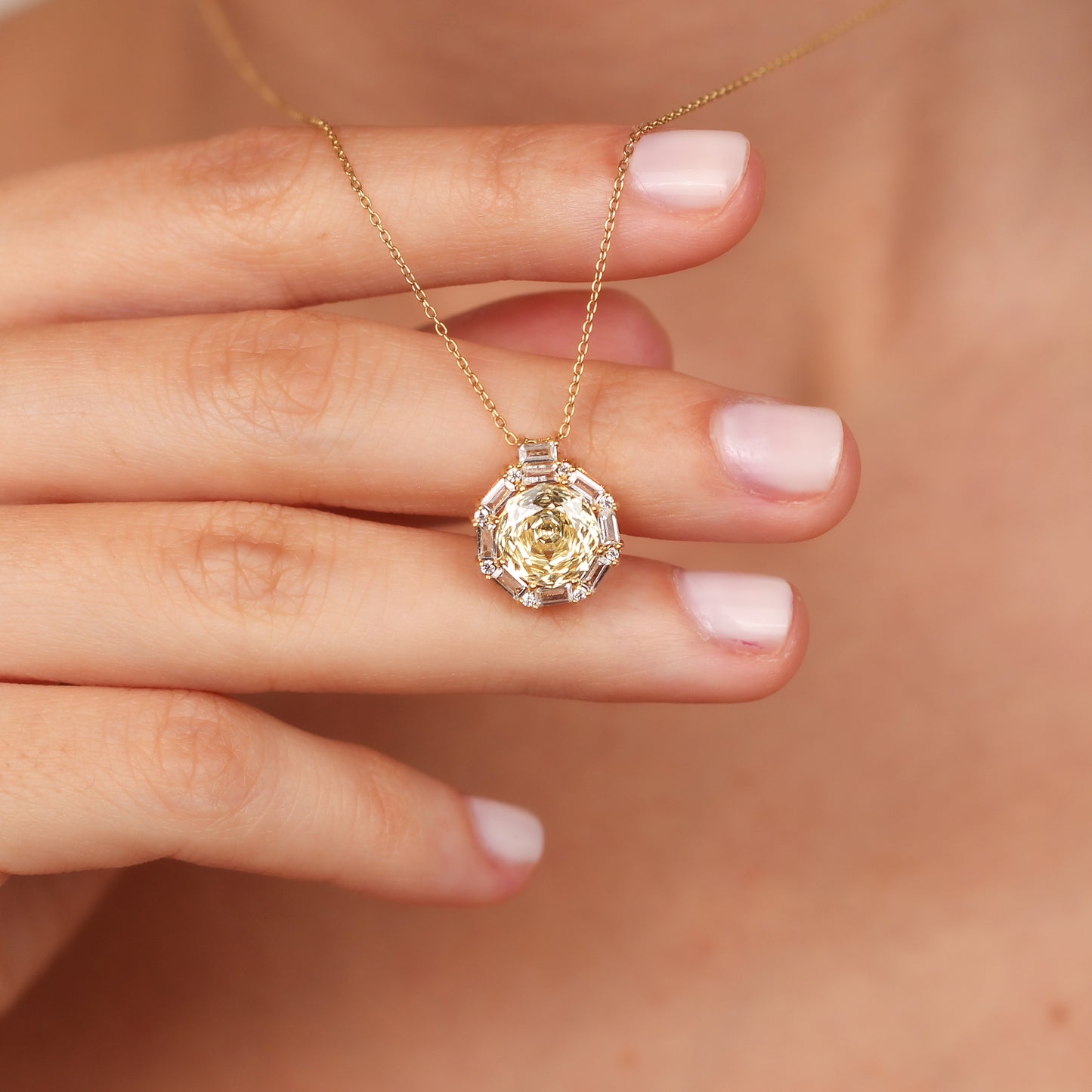 LILIYA Natural Citrine Necklace in 14K & 8K Gold | Radiant Gemstone Pendant with Zircon Halo