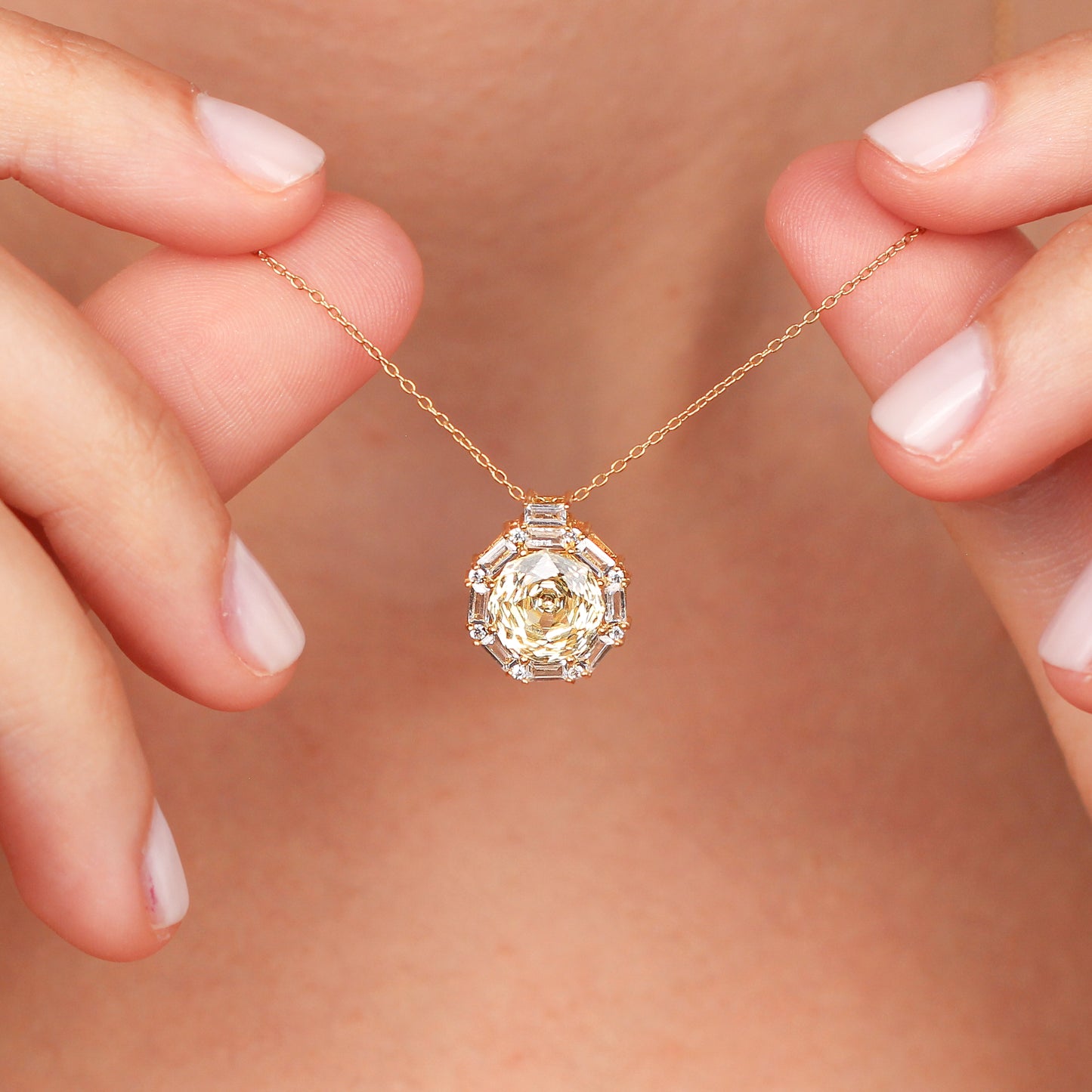 LILIYA Natural Citrine Necklace in 14K & 8K Gold | Radiant Gemstone Pendant with Zircon Halo