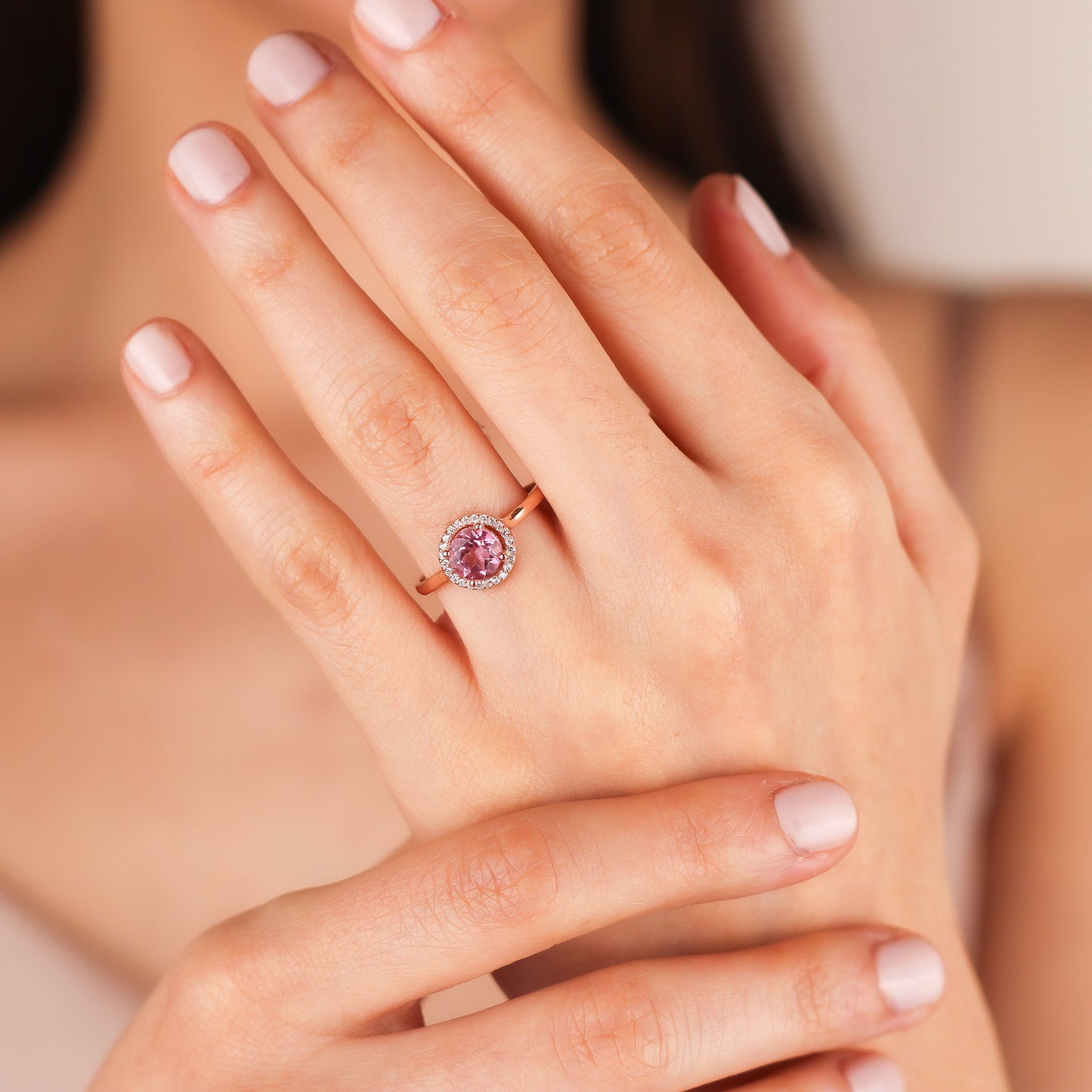 LORIN Pink Topaz and Zircon Halo Ring in 925K Sterling Silver | Elegant Gift for Women