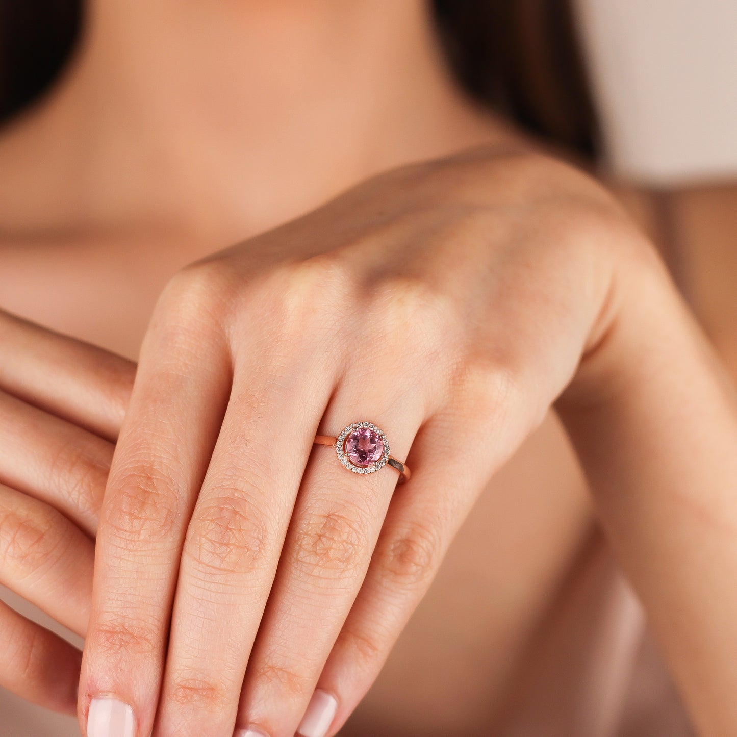 LORIN Pink Topaz and Zircon Halo Ring in 925K Sterling Silver | Elegant Gift for Women