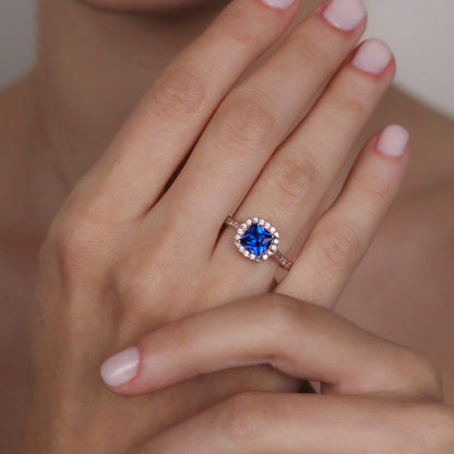 Luxury Blue Sapphire Halo Ring in Solid Silver & Gold | Square Gemstone Promise Ring for Women