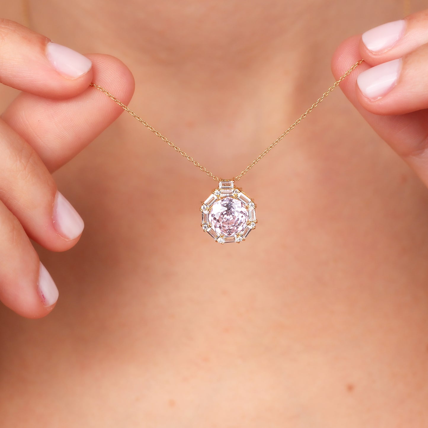 MASHA Natural Light Amethyst Necklace | 14K & 8K Gold Amethyst Pendant with Zircon Halo