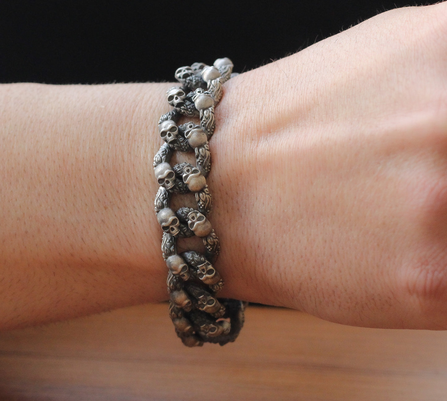 Men's Bold Skull Bracelet in Sterling Silver | Handmade Masculine Design Bracelet