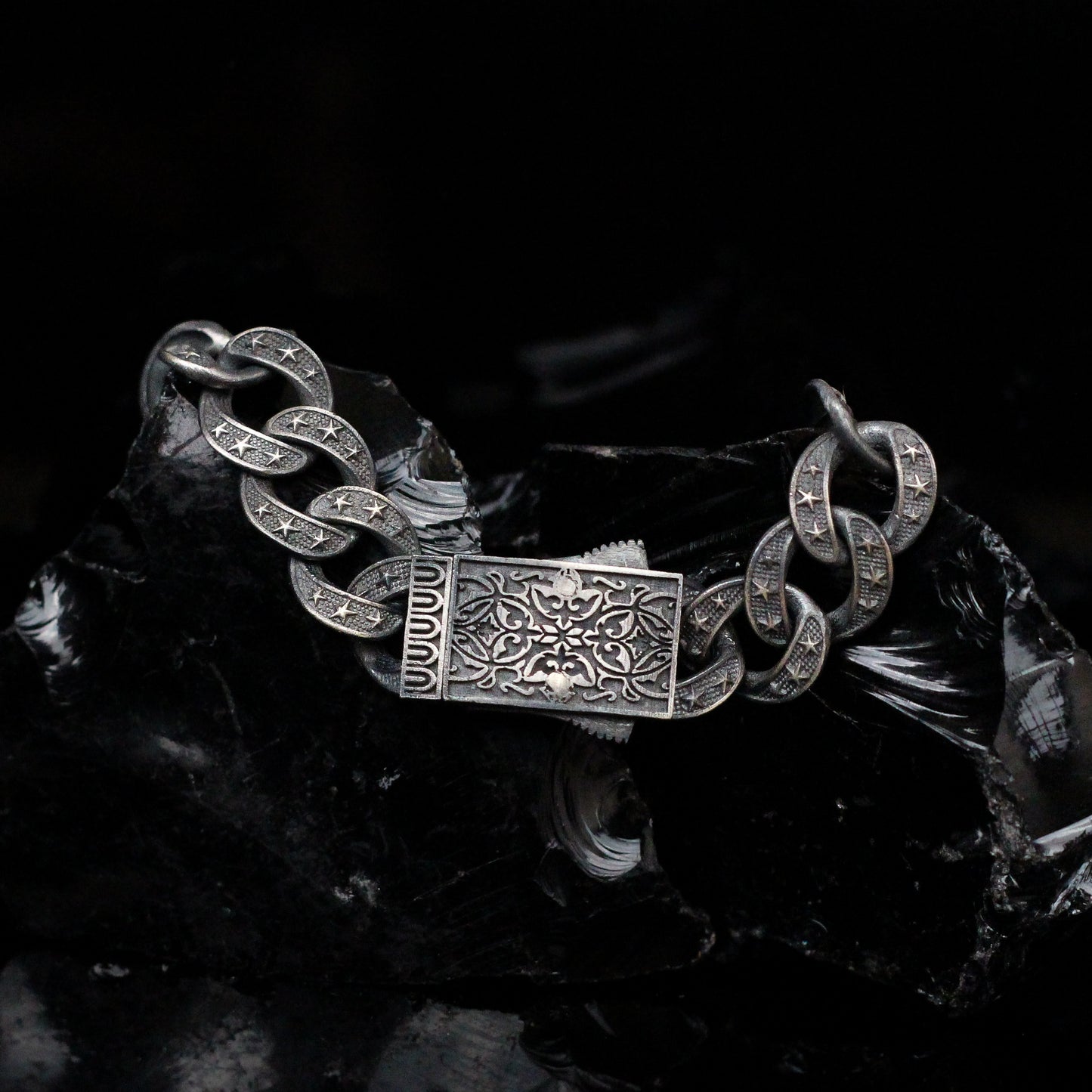 Men's Sterling Silver Star Chain Bracelet | Oxidized Bold and Unique Design Bracelet