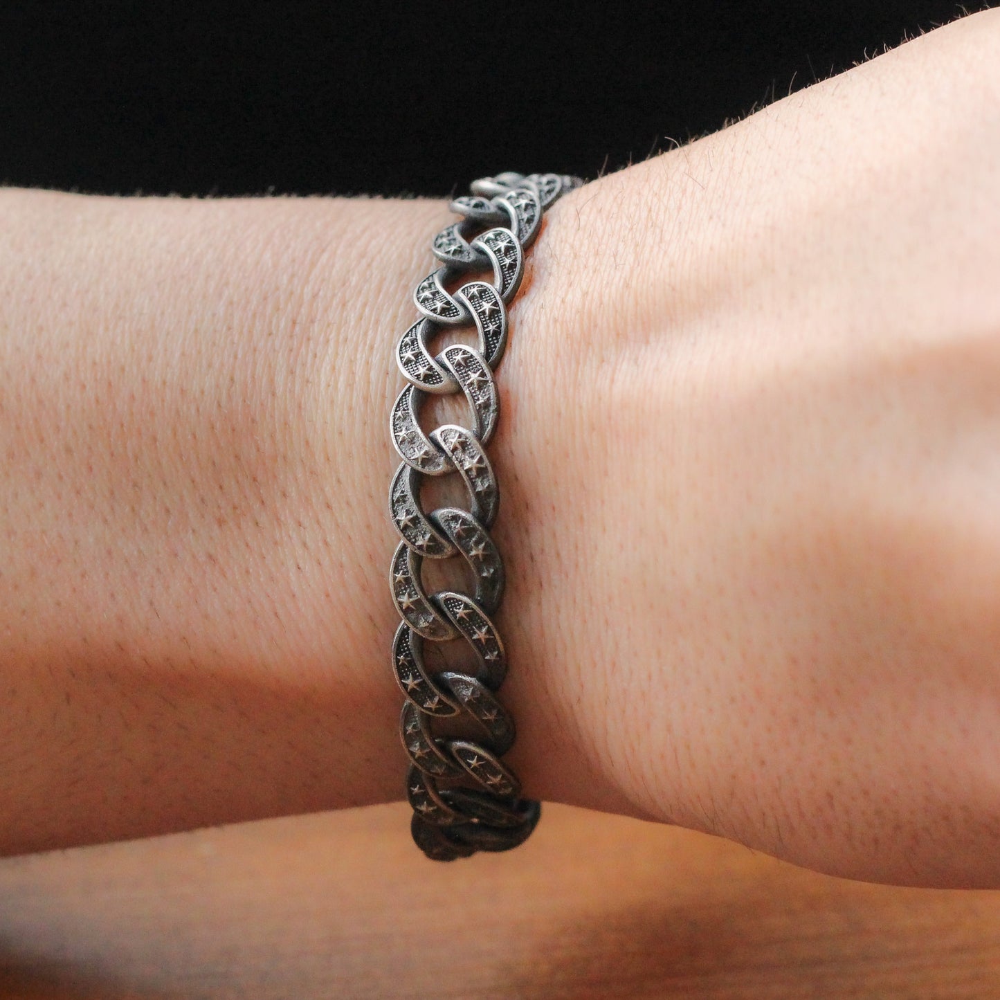 Men's Sterling Silver Star Chain Bracelet | Oxidized Bold and Unique Design Bracelet