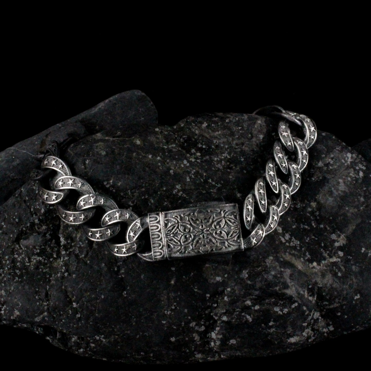 Men's Sterling Silver Star Chain Bracelet | Oxidized Bold and Unique Design Bracelet