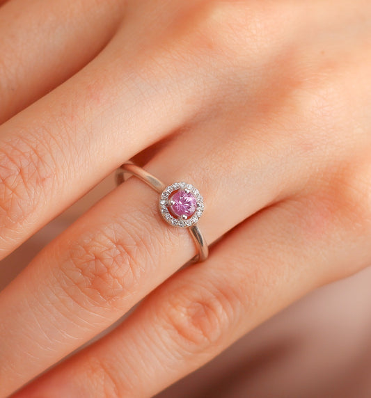 MILA Luxurious Pink Sapphire Halo Ring in Solid Gold | Semptember Birthstone Ring for Women