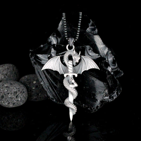 Mythical Dragon Wrap Around Sword Pendant in Sterling Silver | Dragon Jewelry Gift for Men