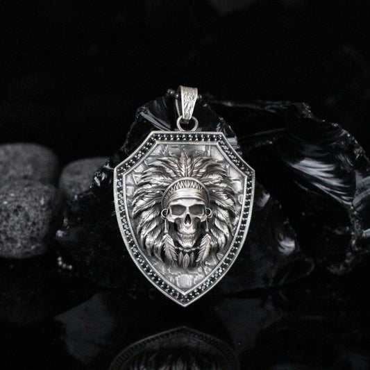 Native American Skull Pendant Necklace in 925 Sterling Silver | Tribal Shield Design Necklace