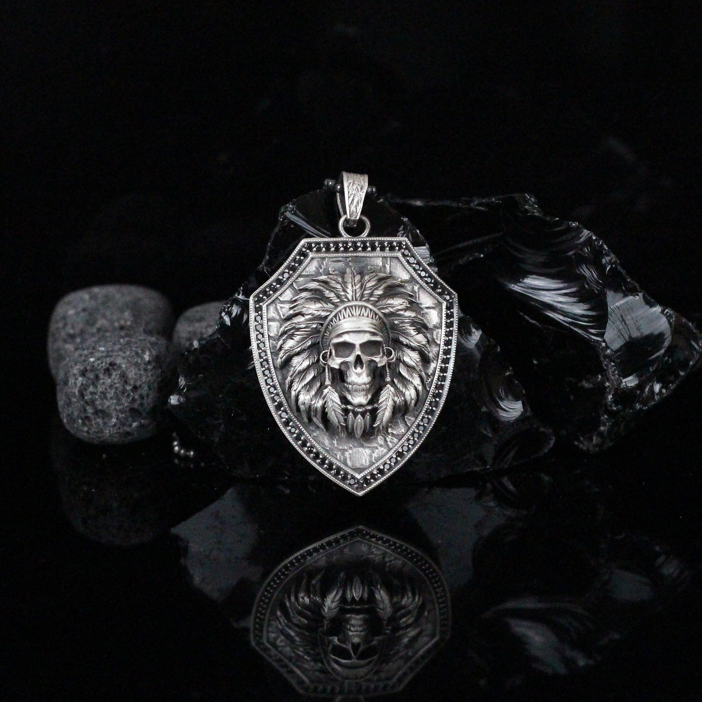 Native American Skull Pendant Necklace in 925 Sterling Silver | Tribal Shield Design Necklace