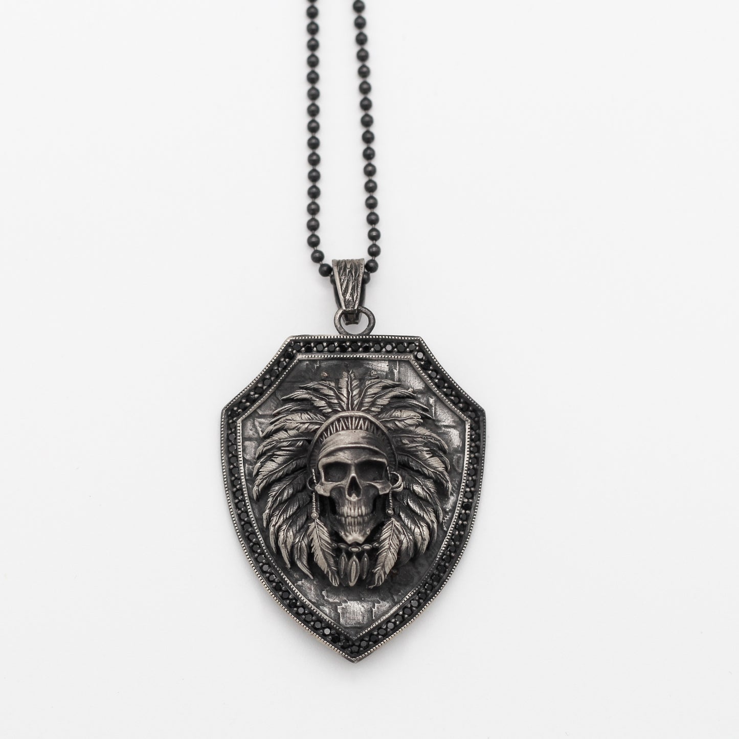 Native American Skull Pendant Necklace in 925 Sterling Silver | Tribal Shield Design Necklace