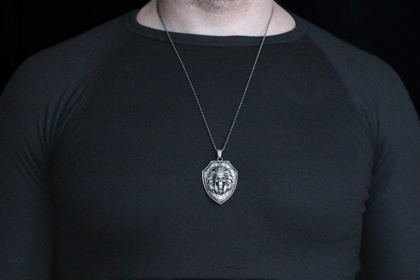 Native American Skull Pendant Necklace in 925 Sterling Silver | Tribal Shield Design Necklace