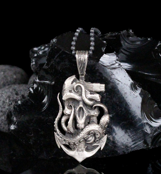 Nautical Skull and Octopus in Sterling Silver | Skull Octopus Anchor Necklace for Men