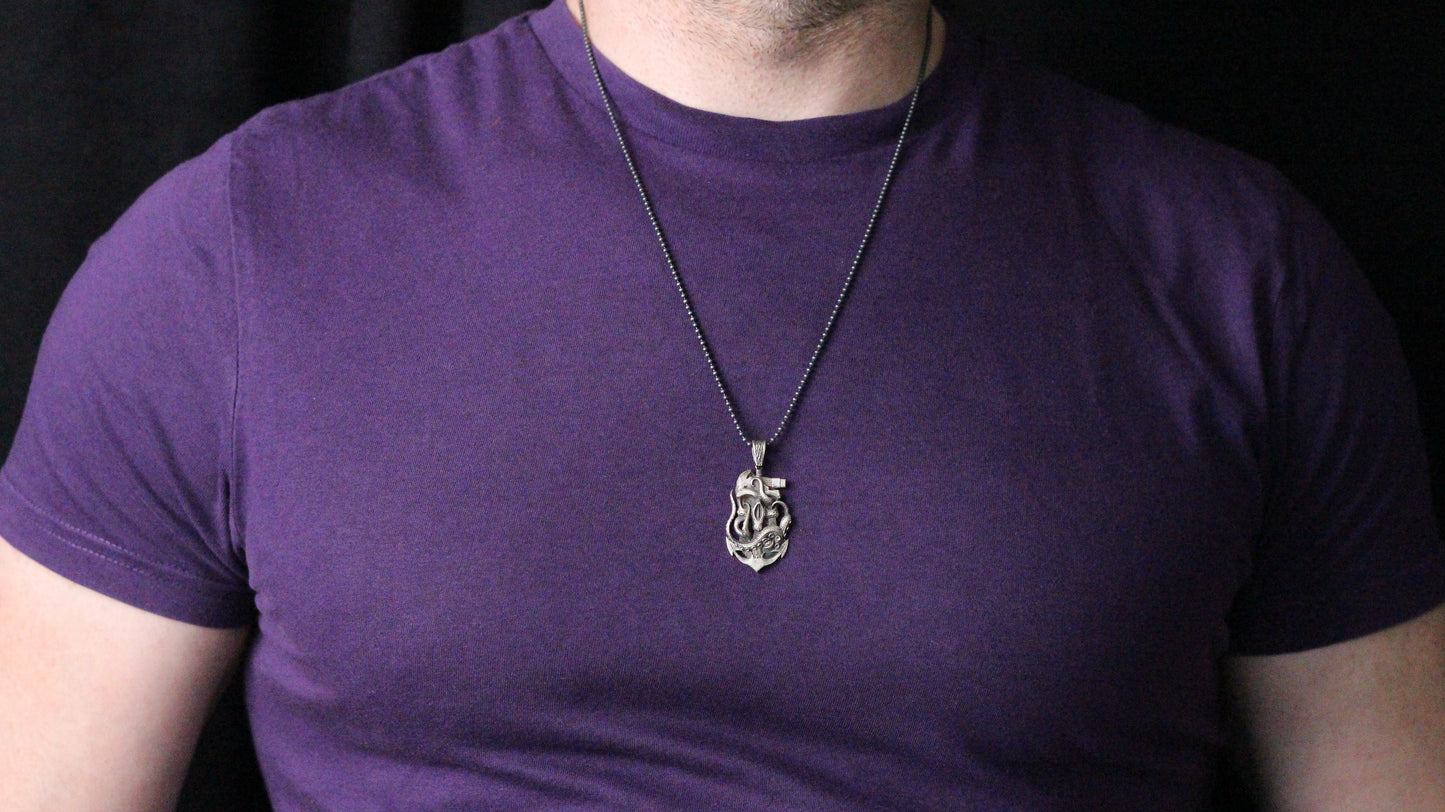 Nautical Skull and Octopus in Sterling Silver | Skull Octopus Anchor Necklace for Men