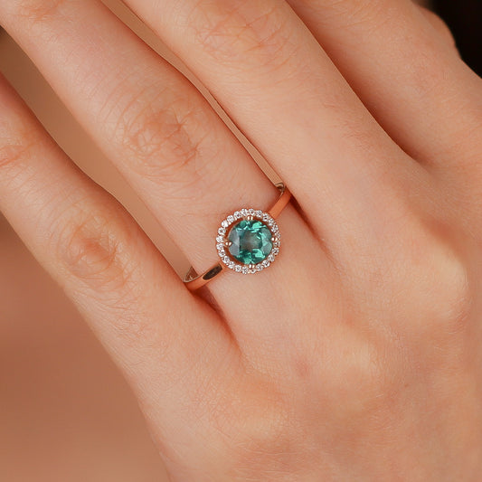 NESSA Exquisite Green Topaz Bridal Ring | Round Halo Ring with Green Gemstone