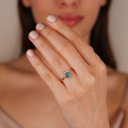 NESSA Exquisite Green Topaz Bridal Ring | Round Halo Ring with Green Gemstone